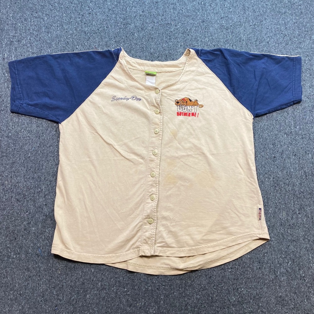 Scooby Doo Button Up Shirt Sz XL Womens Tan Blue Y2K Skater Dont Bother Me Top